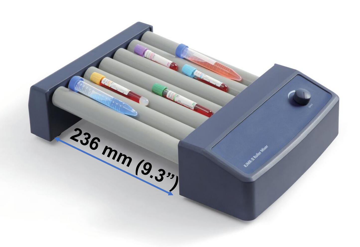 A Labnique Tube Roller Mixer with test tubes on the rollers. The mixer has a dark blue base and gray rollers. The length of the rollers is labeled as 236 mm (9.3").