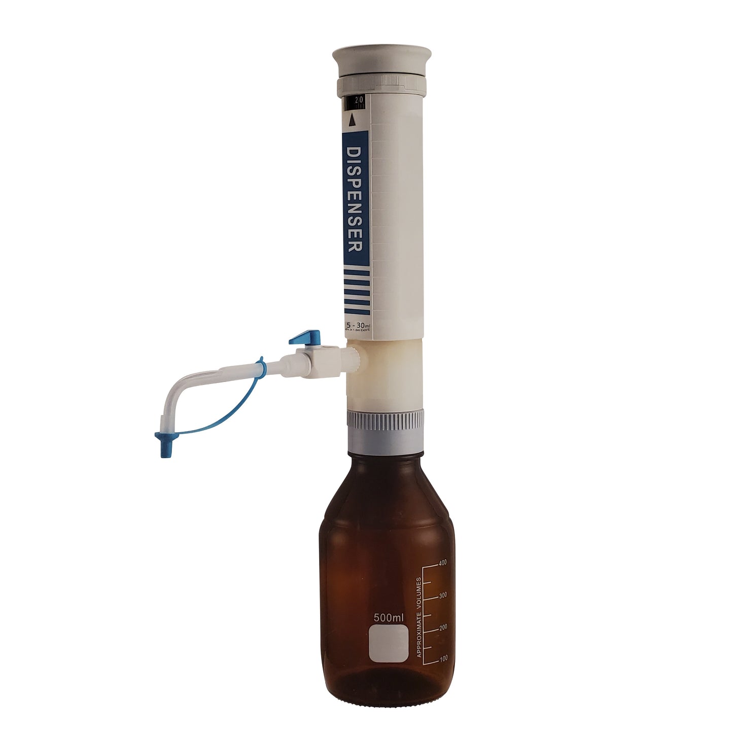 Bottletop dispenser attached to 450ml amber glass media bottle.