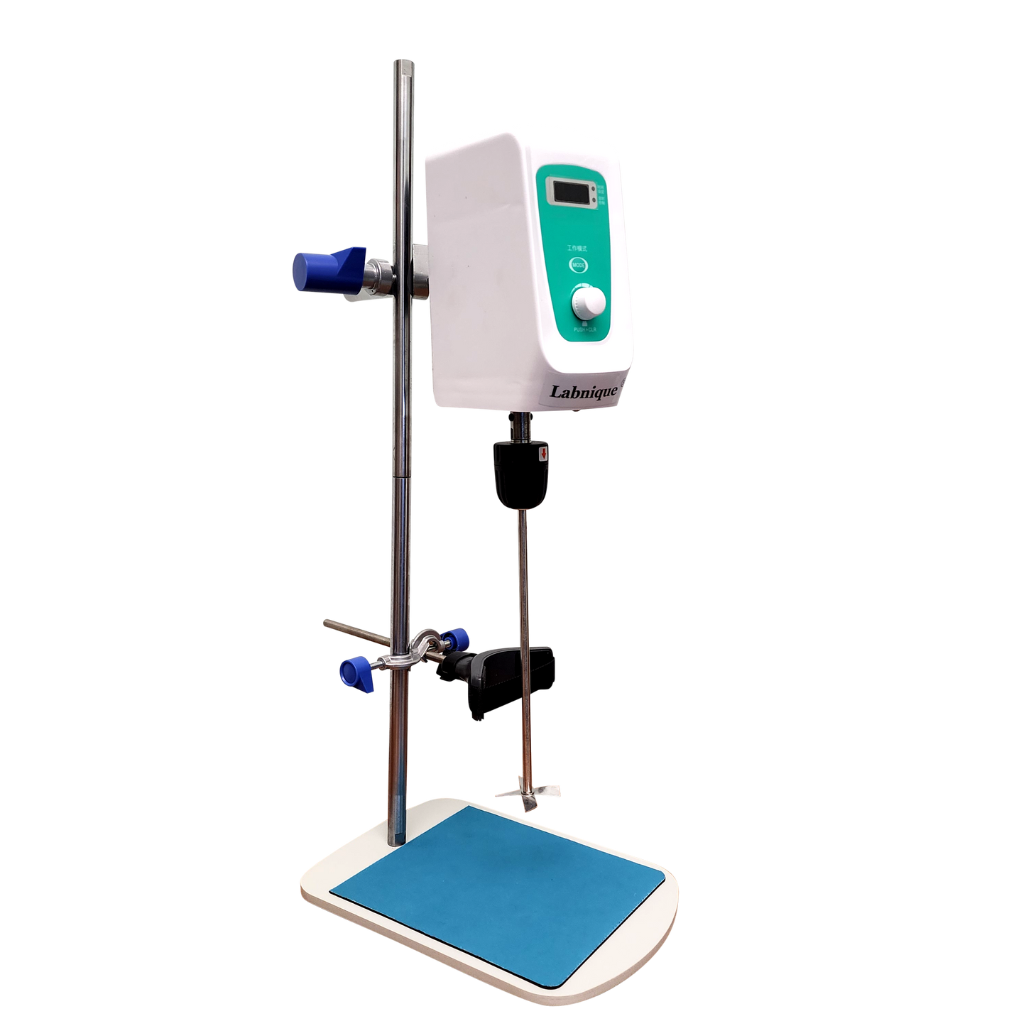Digital overhead stirrer with stand, mixing platform.