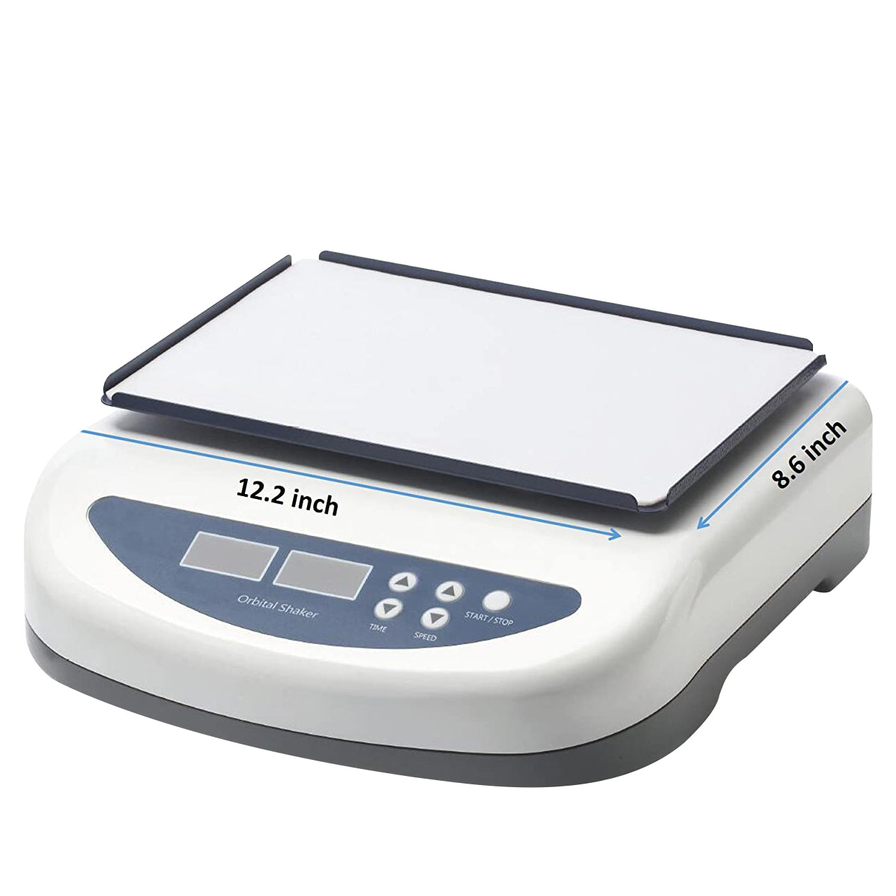 A Labnique digital orbital shaker with a white base and a square platform. The platform is labeled with dimensions of 12.2 inches in length and 8.6 inches in width. The shaker has a digital display and buttons for adjusting speed and time.