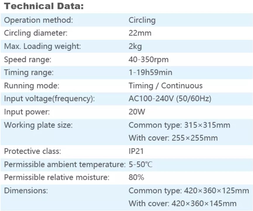 A blue and white Labnique digital orbital shaker with a square platform, digital display, and adjustment knobs. The platform has a bungee cord grid and the dimensions are labeled.