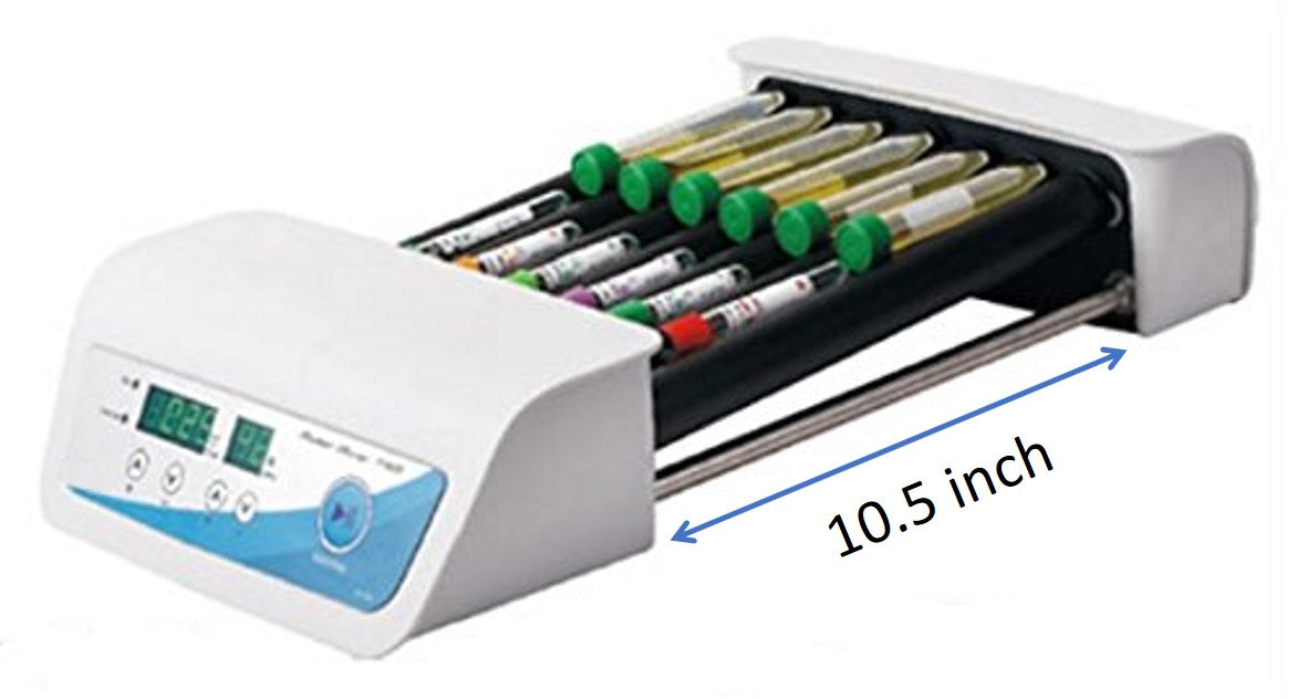 A Labnique Digital Tube Roller Mixer with test tubes on the rollers. The length of the roller is labeled as 10.5 inches.