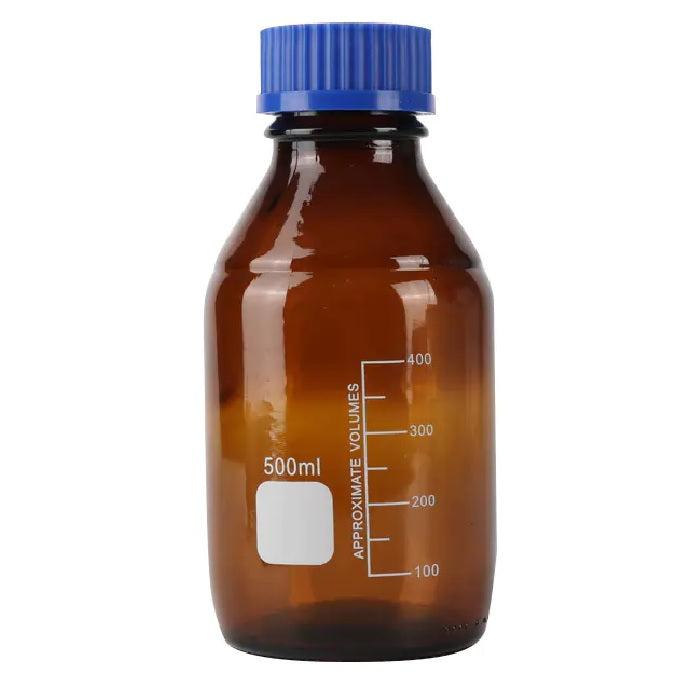 500ml amber glass media bottle with blue screw cap and volume markings.