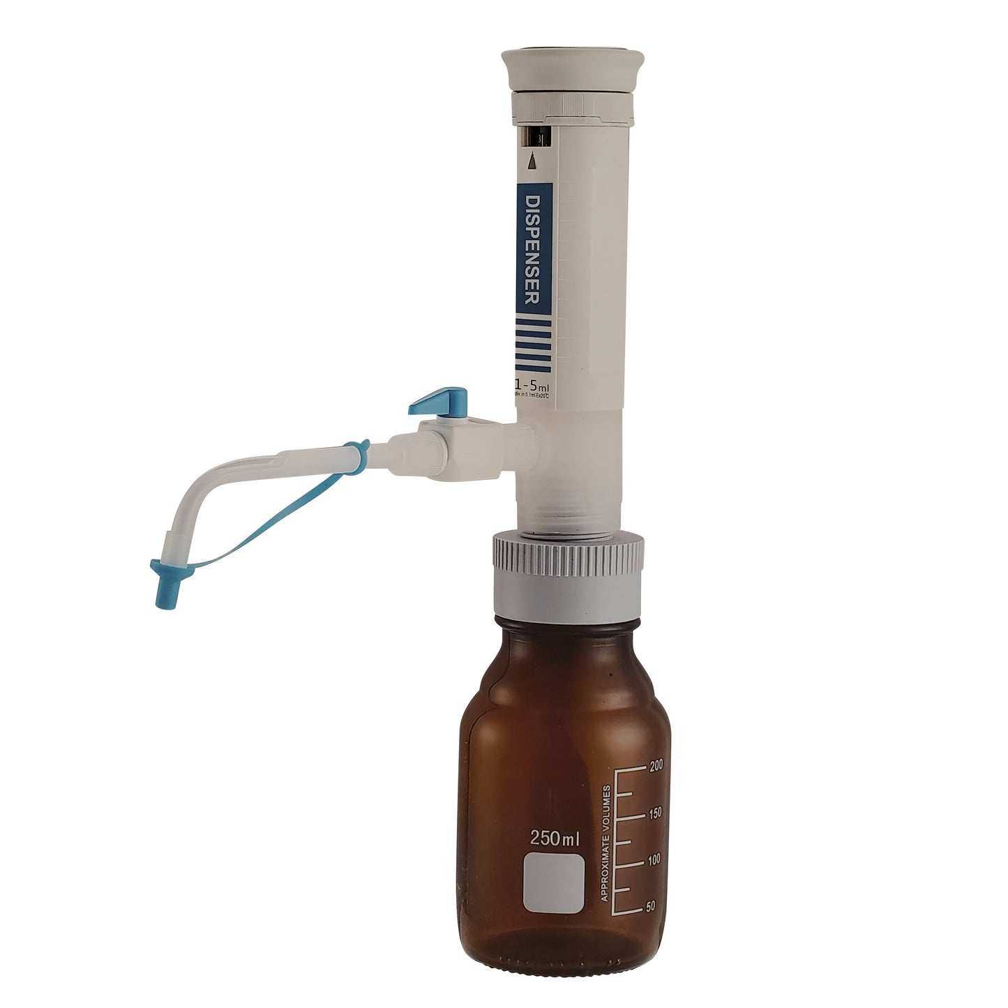 Bottletop dispenser attached to 250ml amber glass media bottle.