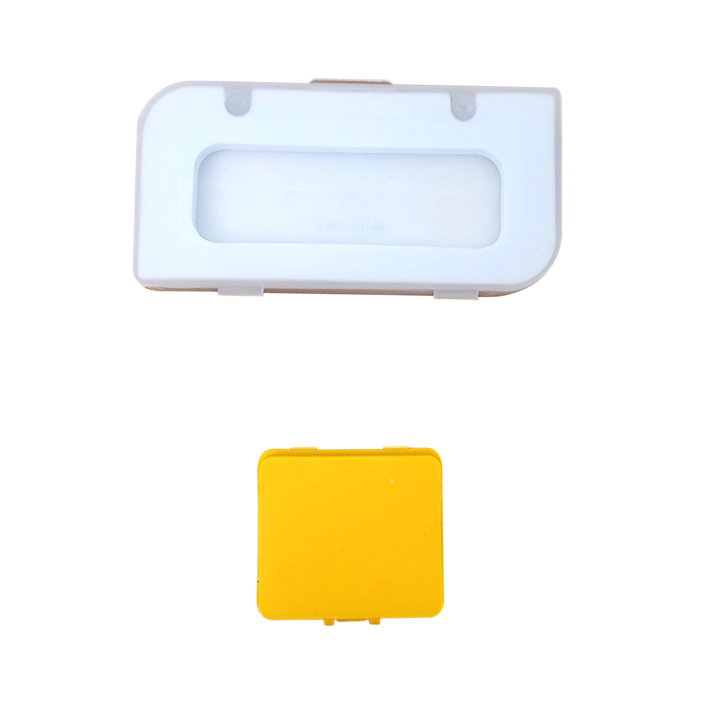 Two individual protective storage cases for the Labnique calibration set: one white rectangular slide case and one yellow square reticle case.