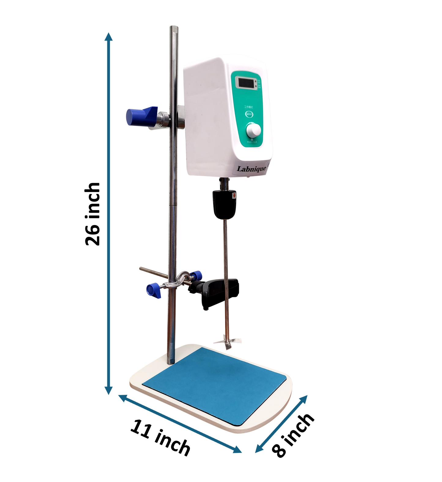 Digital overhead stirrer dimensions: 26 inch height, 11x8 inch base.