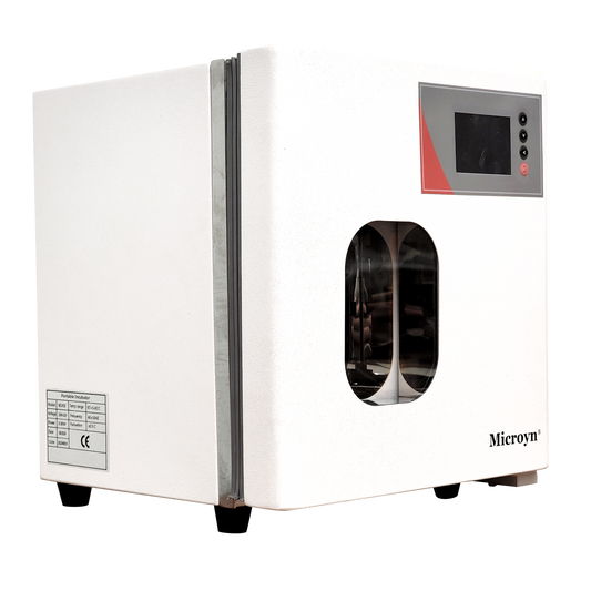 Labnique 10L Microyn digital lab incubator, RT+5 to 65C, front angled view with window and display.