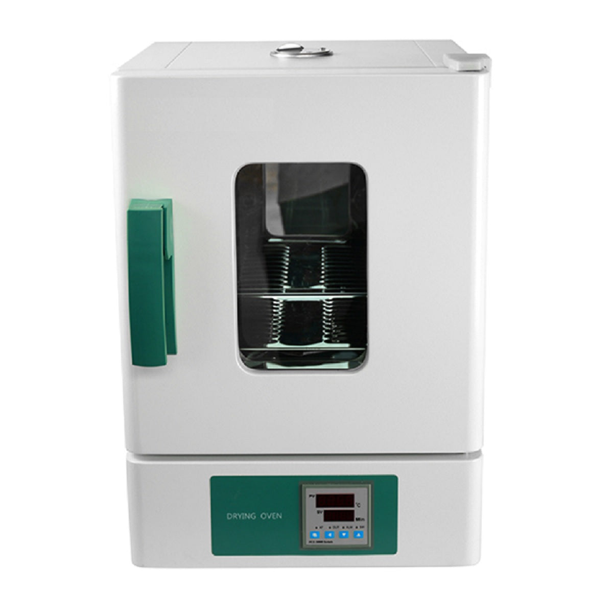 Labnique 18L digital drying oven, 300C, front view with green handle and digital display.