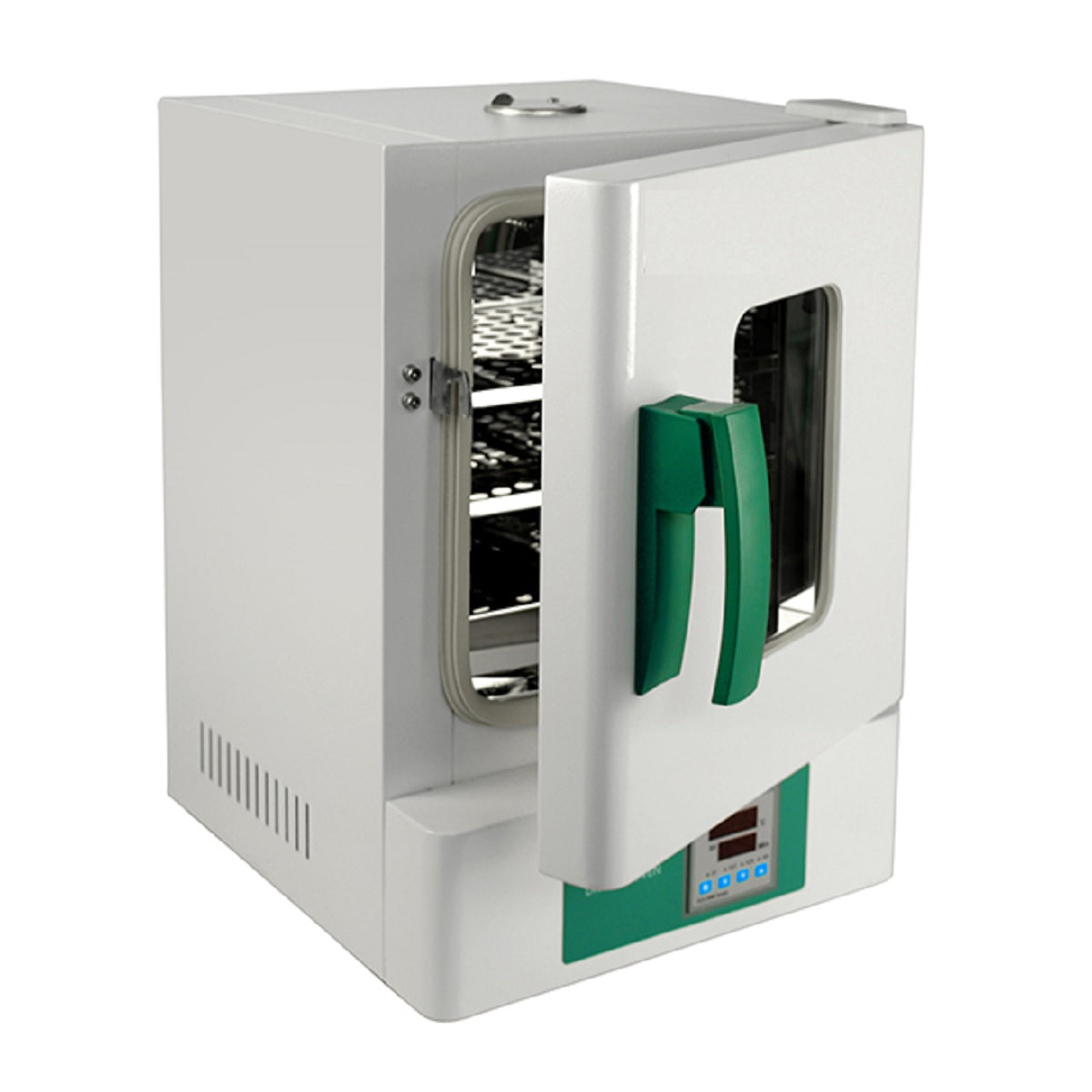 Labnique 18L digital drying oven, 300C, door open showing interior racks.