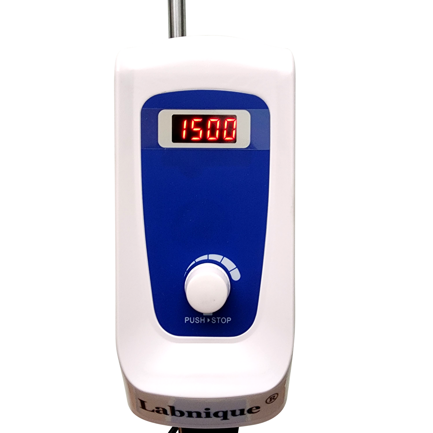 Labnique digital overhead stirrer, close-up of control panel with digital display and mode dial.