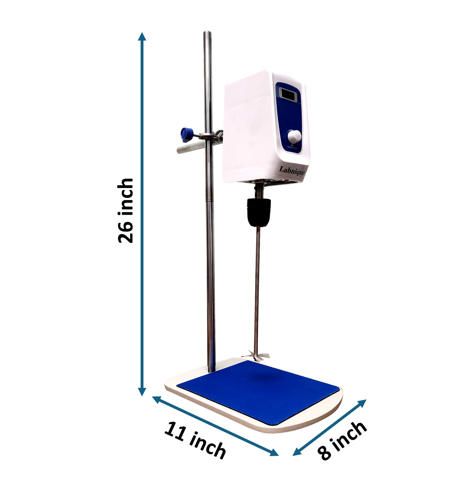 Labnique digital overhead stirrer, 20L, with stand, mixing platform, and dimensions: 26 inch height, 11x8 inch base.