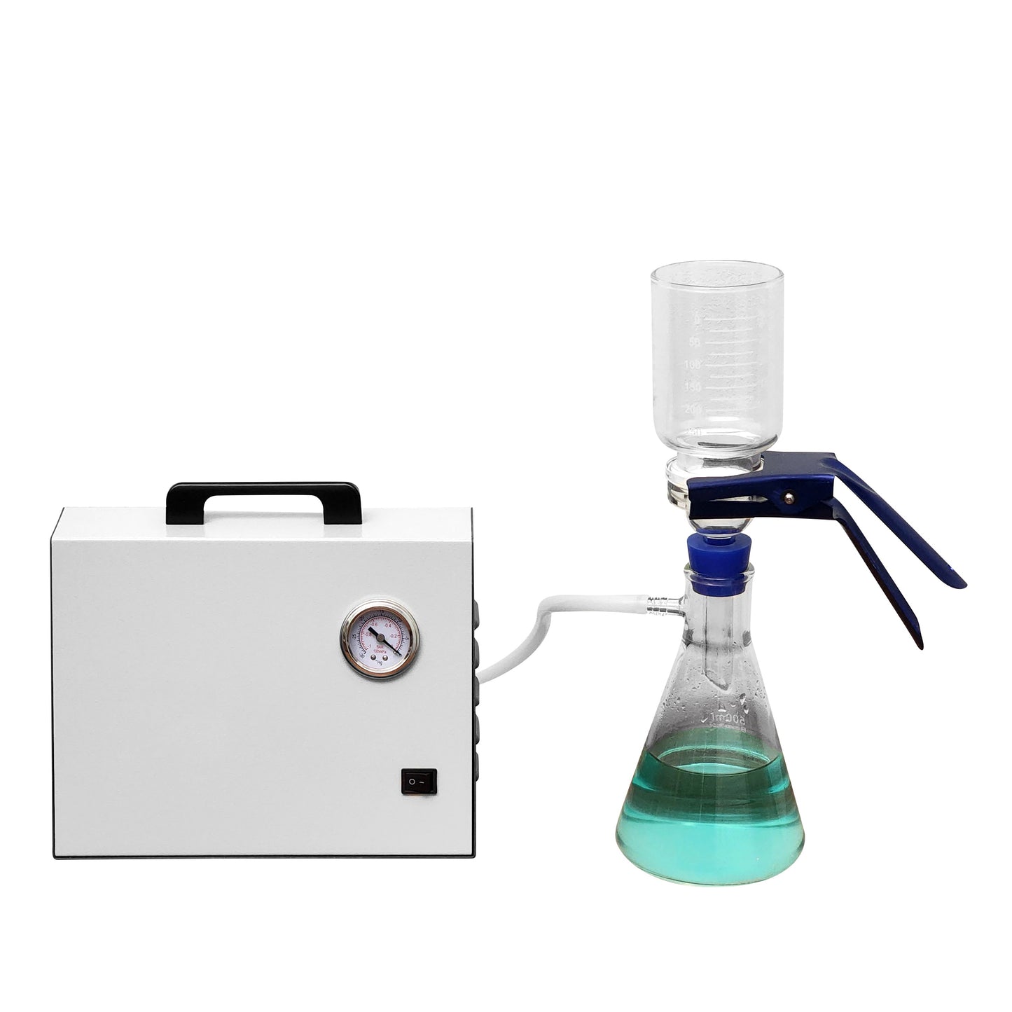 Portable vacuum pump connected to a glass filtration apparatus with a beaker containing blue liquid.