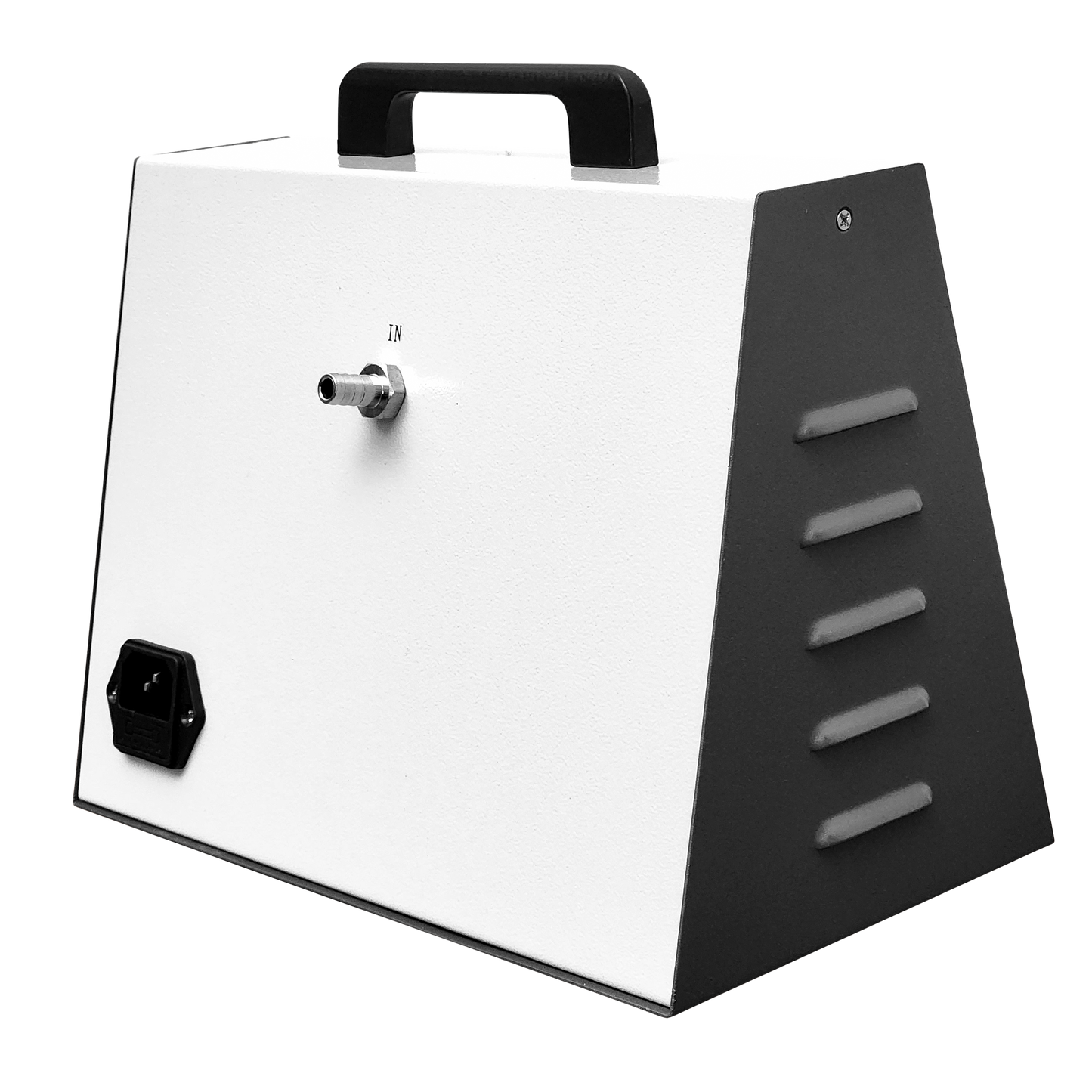 Rear view of Labnique portable vacuum pump showing the "IN" port, power input, and ventilation slats.
