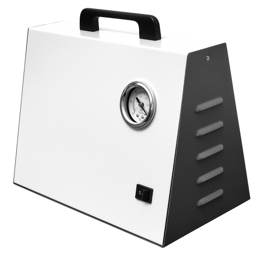 Portable laboratory vacuum pump, an oilless diaphragm pump designed for vacuum filtration apparatus.