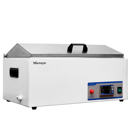 MICROYN digital lab water bath with 22L capacity, 1200W, and a temperature range of RT to 100°C.