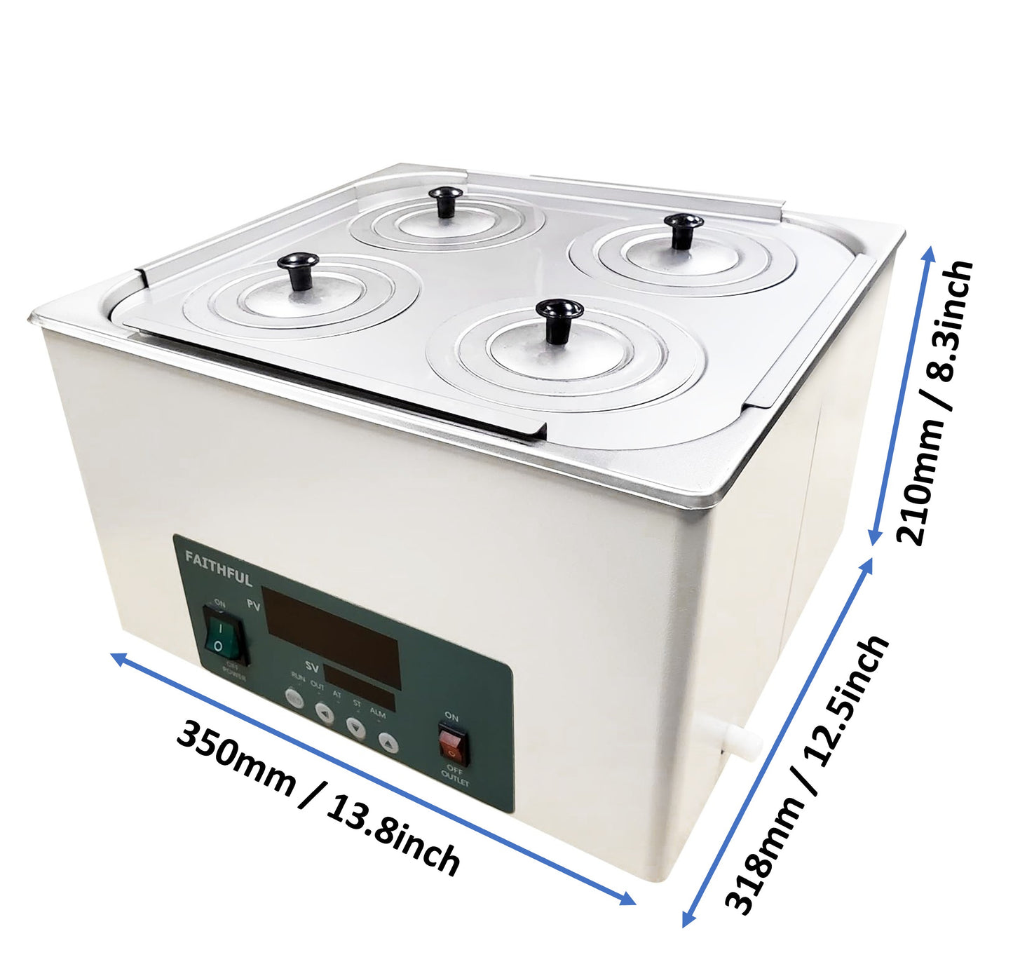 Faithful brand digital thermostatic water bath with four metal-lidded openings, showing dimensions: 350mm, 318mm, 210mm.