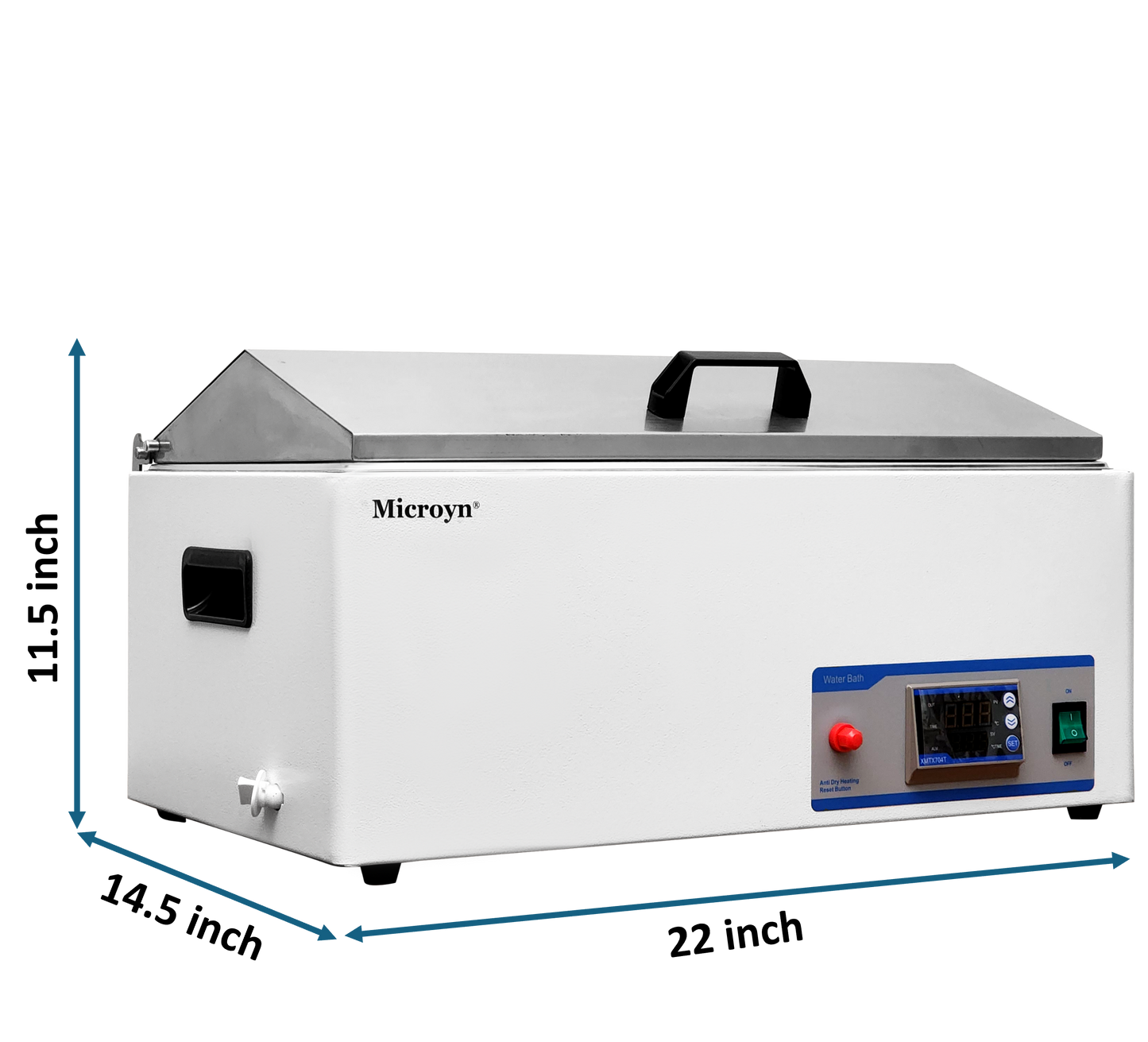 Microyn digital lab water bath with a stainless steel lid, showing dimensions of 22 inches, 14.5 inches, and 11.5 inches.