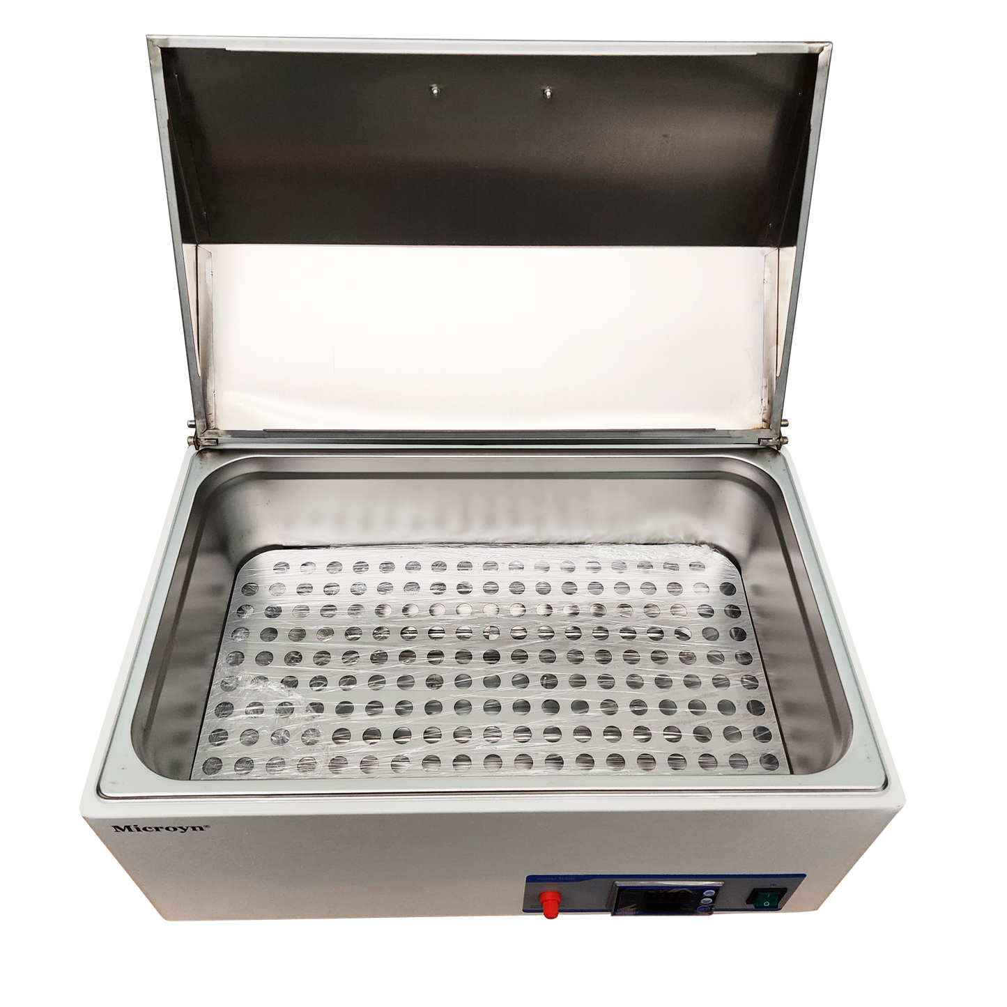 Overhead view of a Microyn water bath with its lid open, revealing the stainless steel inner chamber and perforated sample rack.