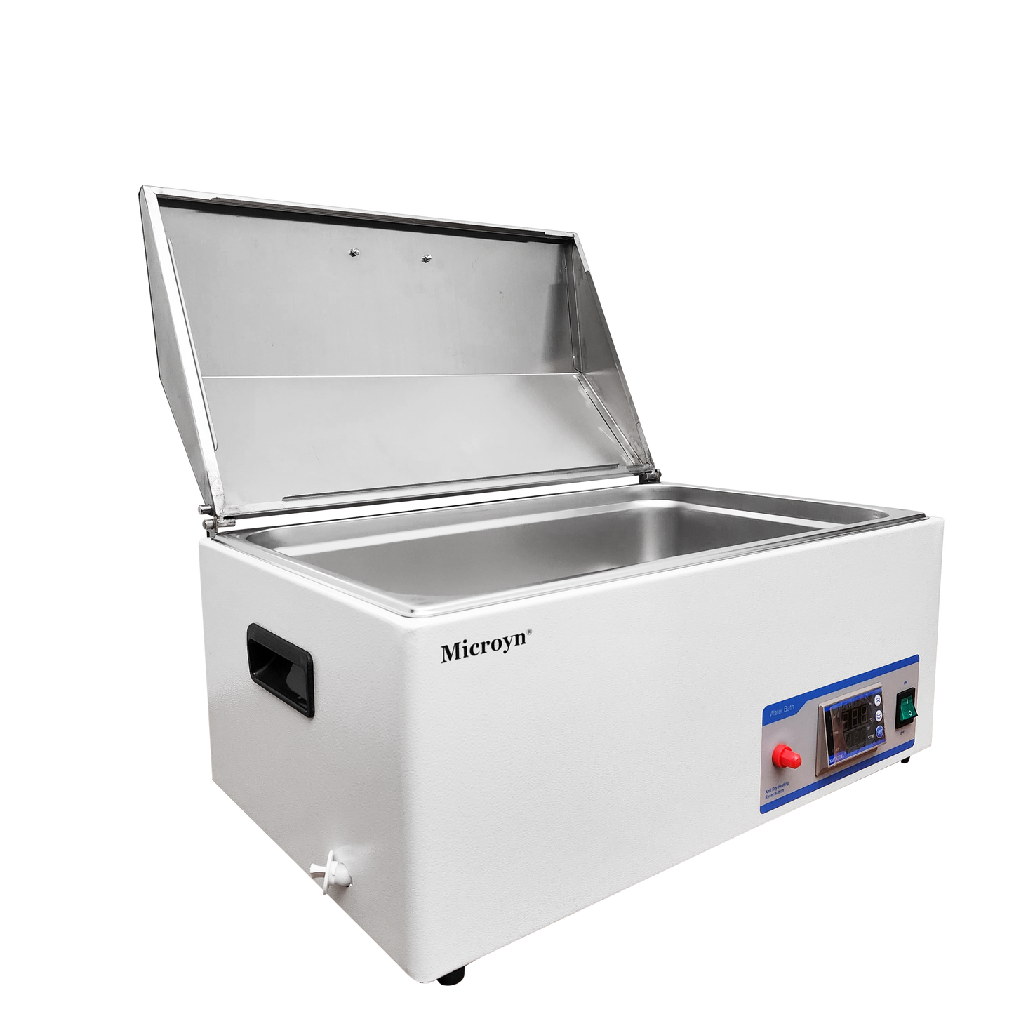 Microyn digital lab water bath with its stainless steel lid open, revealing the inner chamber, and a control panel on the front.