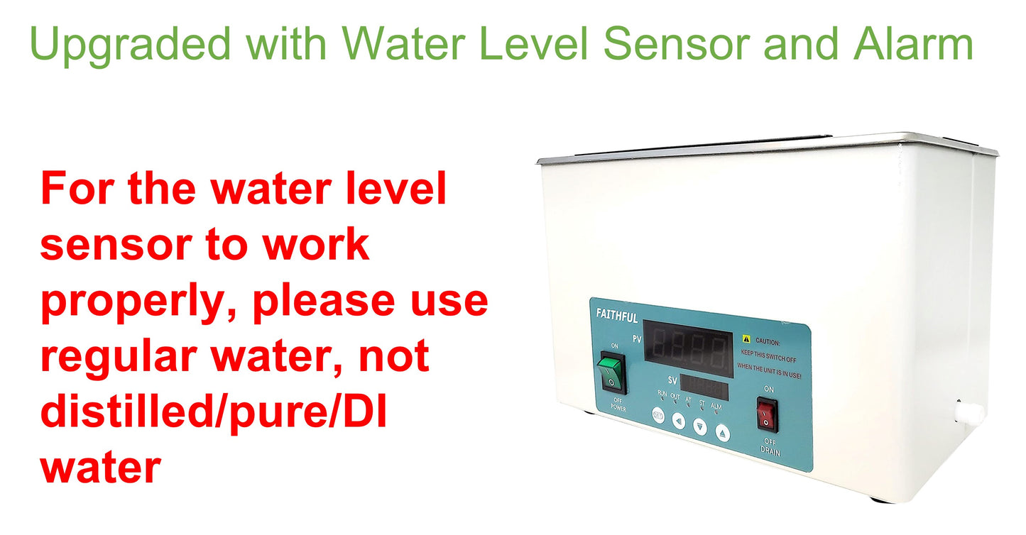 Faithful water bath with a water level sensor and alarm, and a text overlay instructing to use regular water, not distilled