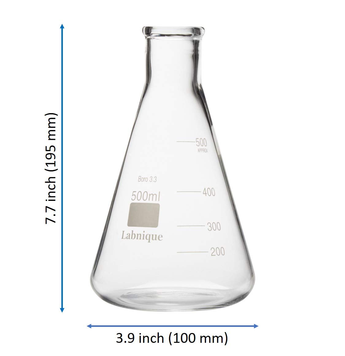 Glass Conical Flask/Erlenmeyer Flask with Narrow Mouth, 500ml (Case of 32)