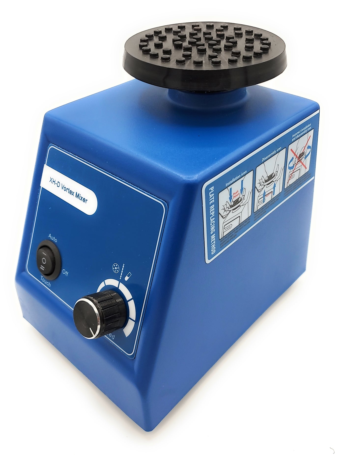 A blue Labnique XH-D Vortex Mixer with a black, anti slip plate, top. The mixer has a switch labeled "Auto," "Off," and "Touch," as well as a speed dial. A diagram on the side of the mixer shows the plate replacing method. The black top has a black insert with multiple holes.