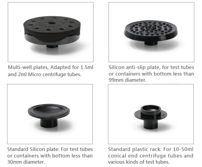Four vortex mixer accessories: multi-well plate, silicon anti-slip plate, standard silicon plate, and standard plastic rack.