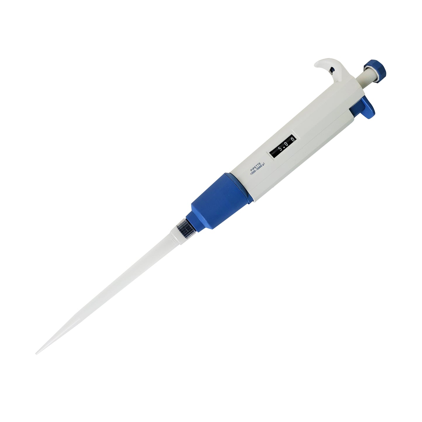 White and blue single channel pipette, showing volume display of 5.0 μl.