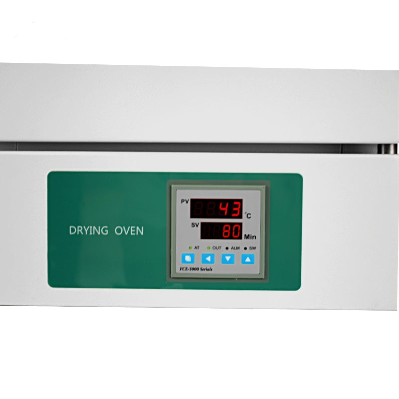 Labnique 18L digital drying oven, close-up of digital control panel with temperature and time display.