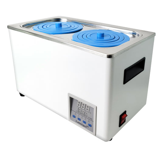 Labnique digital thermostatic water bath with two blue-lidded openings and a front-mounted digital control panel.