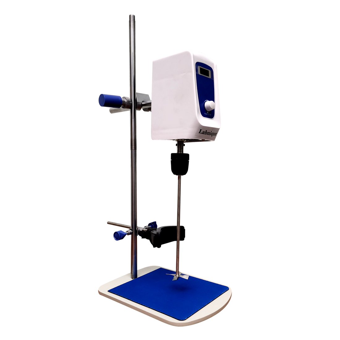 A digital overhead stirrer, a lab instrument for mixing, on a wooden lab bench
