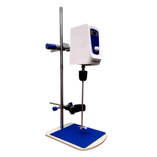 A digital overhead stirrer, a lab instrument for mixing, on a wooden lab bench