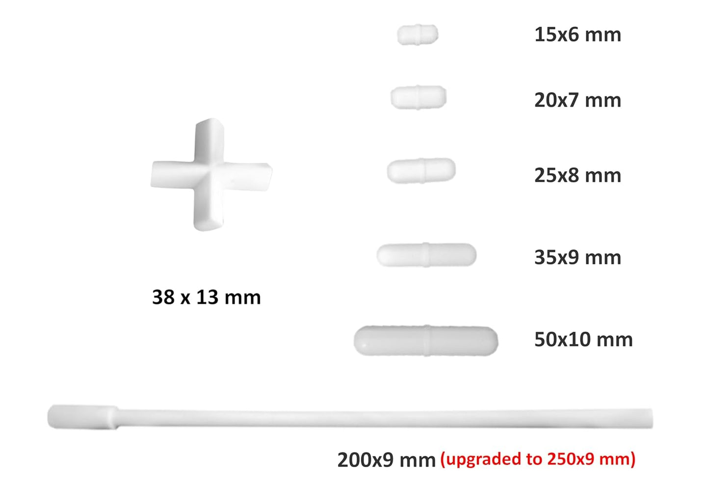 7pc PTFE Stir Bars Set - Straight (15,20,25,35,50 mm), Cross (38 mm), Retriever (250 mm)