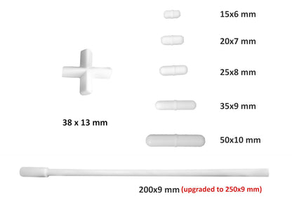 7pc PTFE Stir Bars Set - Straight (15,20,25,35,50 mm), Cross (38 mm), Retriever (250 mm)