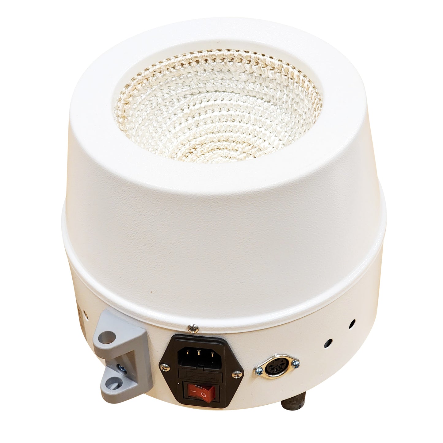 Top view of the digital heating mantle interior showing the nichrome wire heating element, the magnetic stirring rod support, plug, on and off switch plus port for the temperature sensor probe.