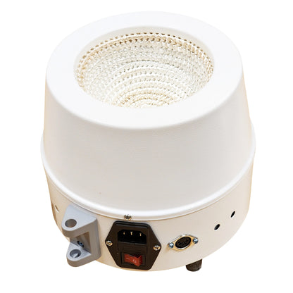 Top view of the digital heating mantle interior showing the nichrome wire heating element, the magnetic stirring rod support, plug, on and off switch plus port for the temperature sensor probe.
