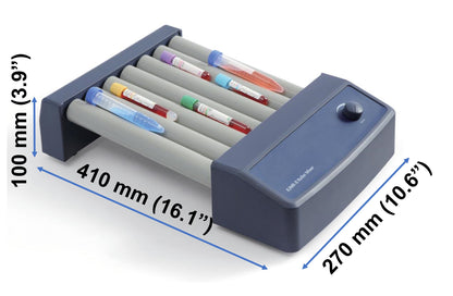 A Labnique Tube Roller Mixer with test tubes on the rollers. The mixer has a dark blue base and gray rollers. The dimensions of the mixer are labeled as 410 mm (16.1") in length, 270 mm (10.6") in width, and 100 mm (3.9") in height.