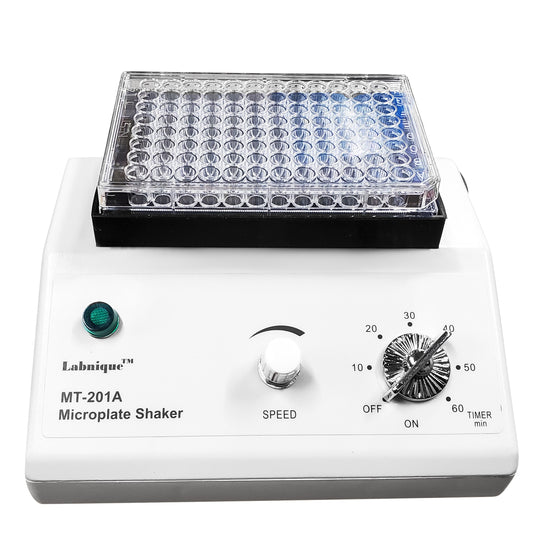 A Labnique MT-201A Microplate Shaker with a white base and a black platform holding a clear microplate. The shaker has a green power button, a speed dial, and a timer dial.
