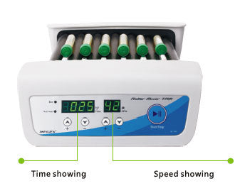 A Labnique Digital Tube Roller Mixer with test tubes on the rollers. The digital display shows the time and speed. The time is labeled with a green line and the text "Time showing." The speed is labeled with a green line and the text "Speed showing."