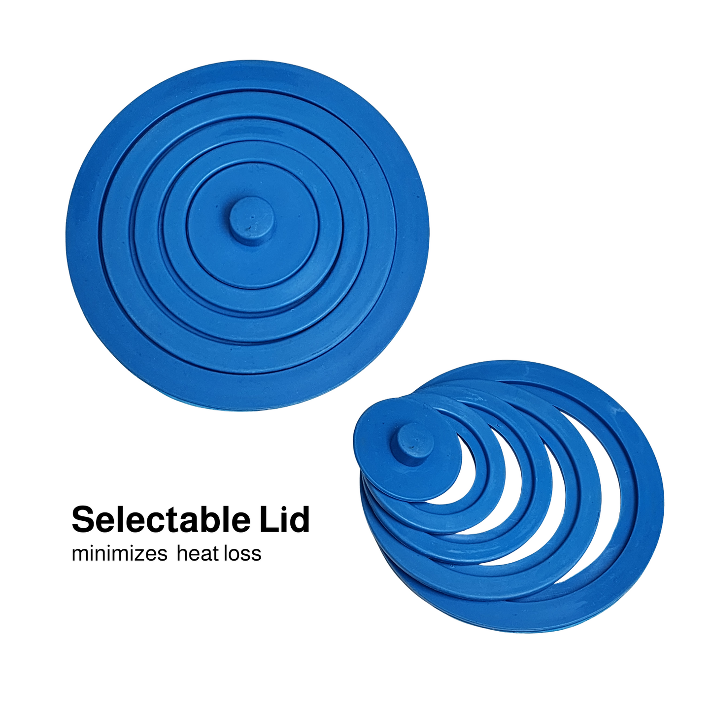 A photo of a round, blue, silicone "selectable lid." The lid is shown in two forms. The larger version is a circular mat with a raised center and concentric rings decreasing in diameter as they move inward from the edge. The smaller version is identical but scaled down. The product name "Selectable Lid" and its benefit, "minimizes heat loss," are written in text below the lids.