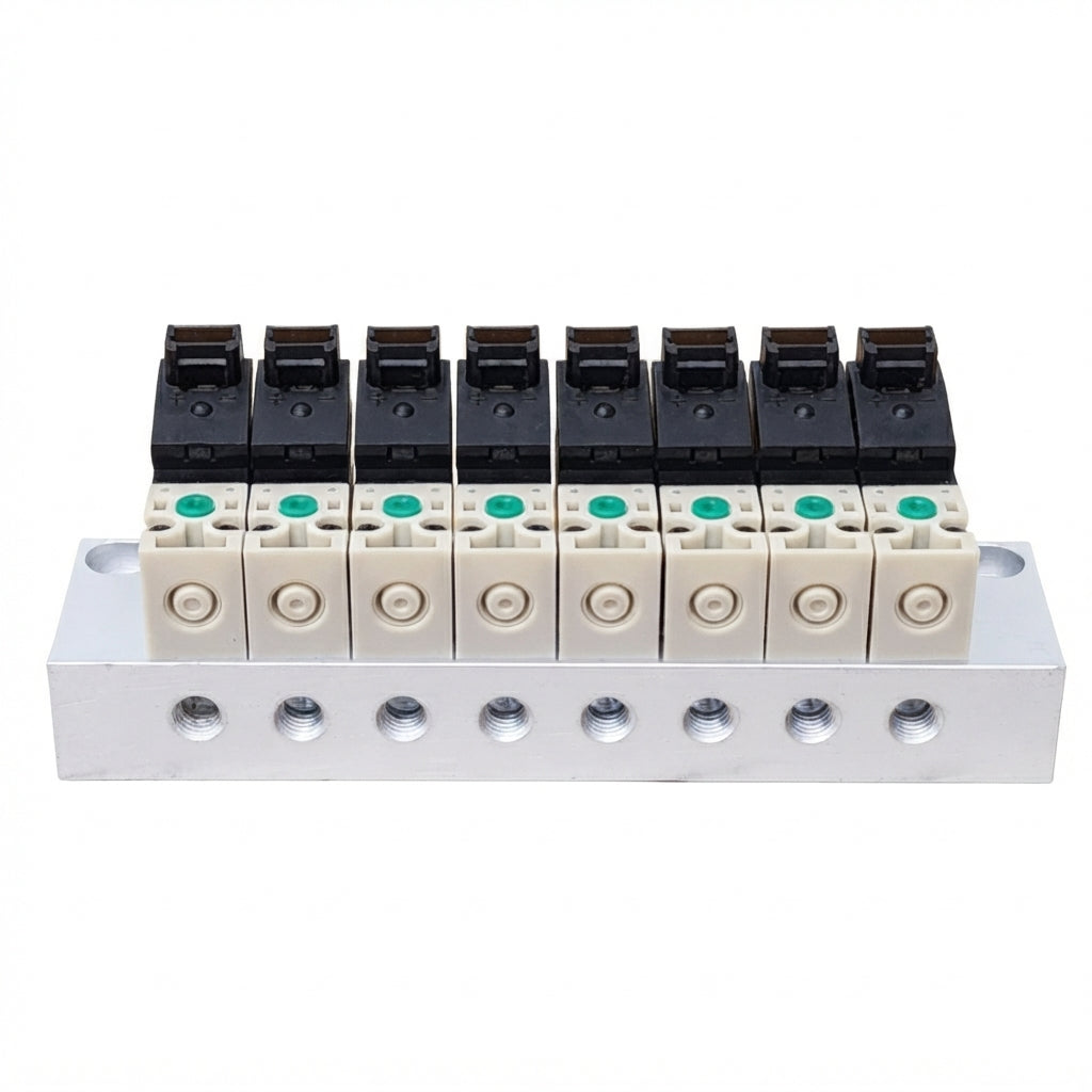Manifold with 8 pcs of 10mm Miniature Solenoid Valve, 3/2 Way Vertical Socket Type, DC12V