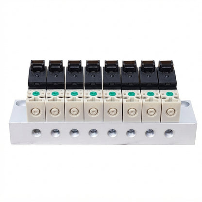 Manifold with 8 pcs of 10mm Miniature Solenoid Valve, 3/2 Way Vertical Socket Type, DC12V