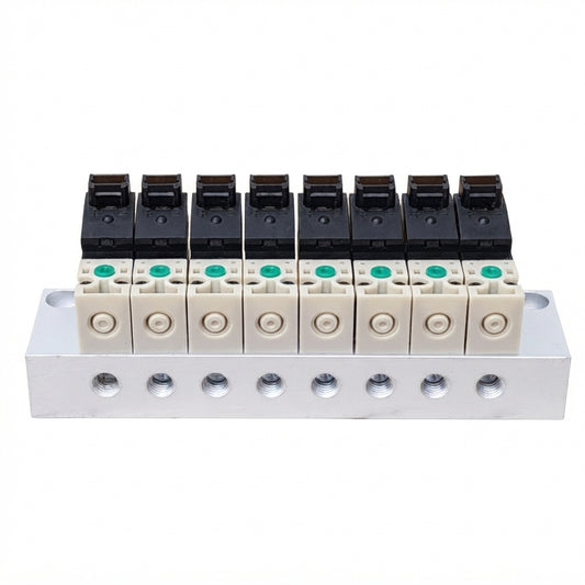 Manifold with 8 pcs of 10mm Miniature Solenoid Valve, 3/2 Way Vertical Socket Type, DC12V
