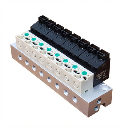 Manifold with 8 pcs of 10mm Miniature Solenoid Valve, 3/2 Way Vertical Socket Type, DC12V
