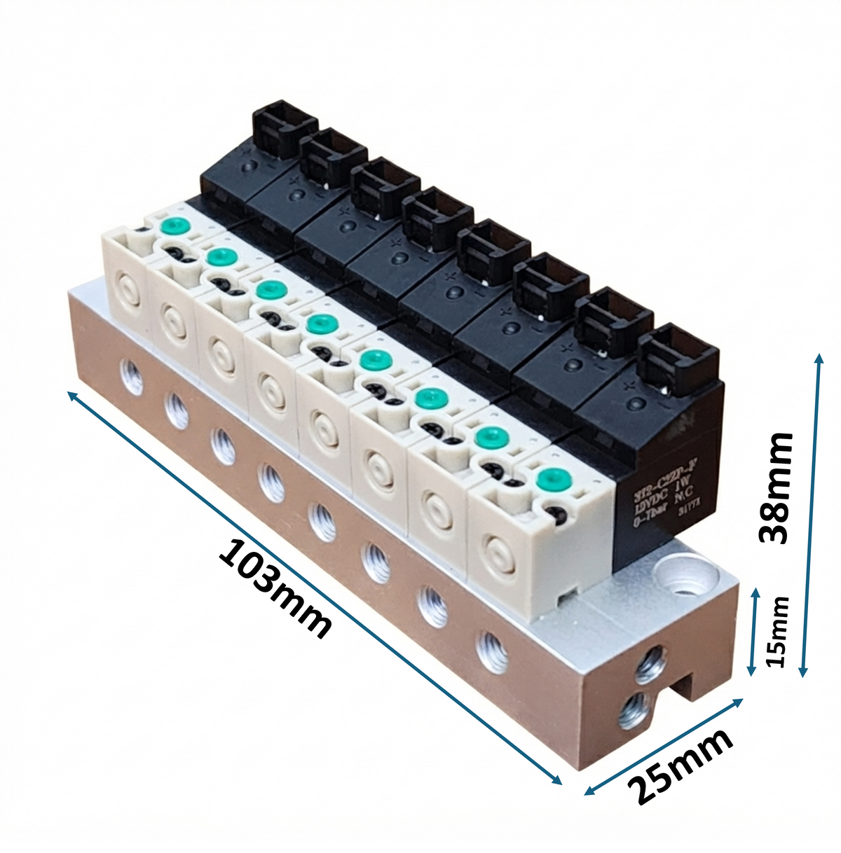 Manifold with 8 pcs of 10mm Miniature Solenoid Valve, 3/2 Way Vertical Socket Type, DC12V