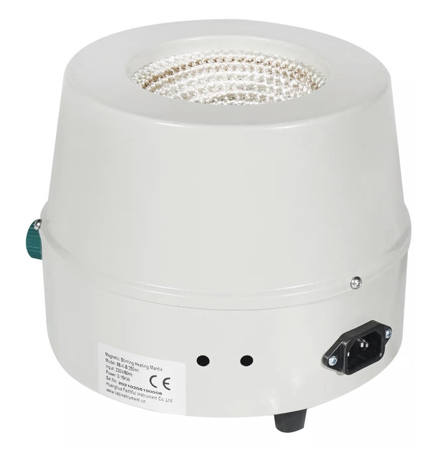 Rear view of the analog heating mantle showing the 110V power inlet and CE certification label. The unit features a white cold-rolled steel exterior that houses the internal alkali-free fiberglass heating jacket and nichrome wire element.