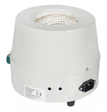 Rear view of the analog heating mantle showing the 110V power inlet and CE certification label. The unit features a white cold-rolled steel exterior that houses the internal alkali-free fiberglass heating jacket and nichrome wire element.