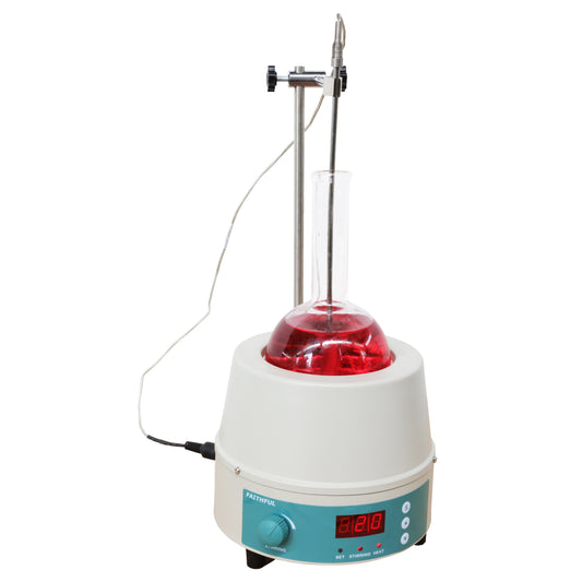 Round bottom flask in a digital heating mantle with external temperature sensor attached.