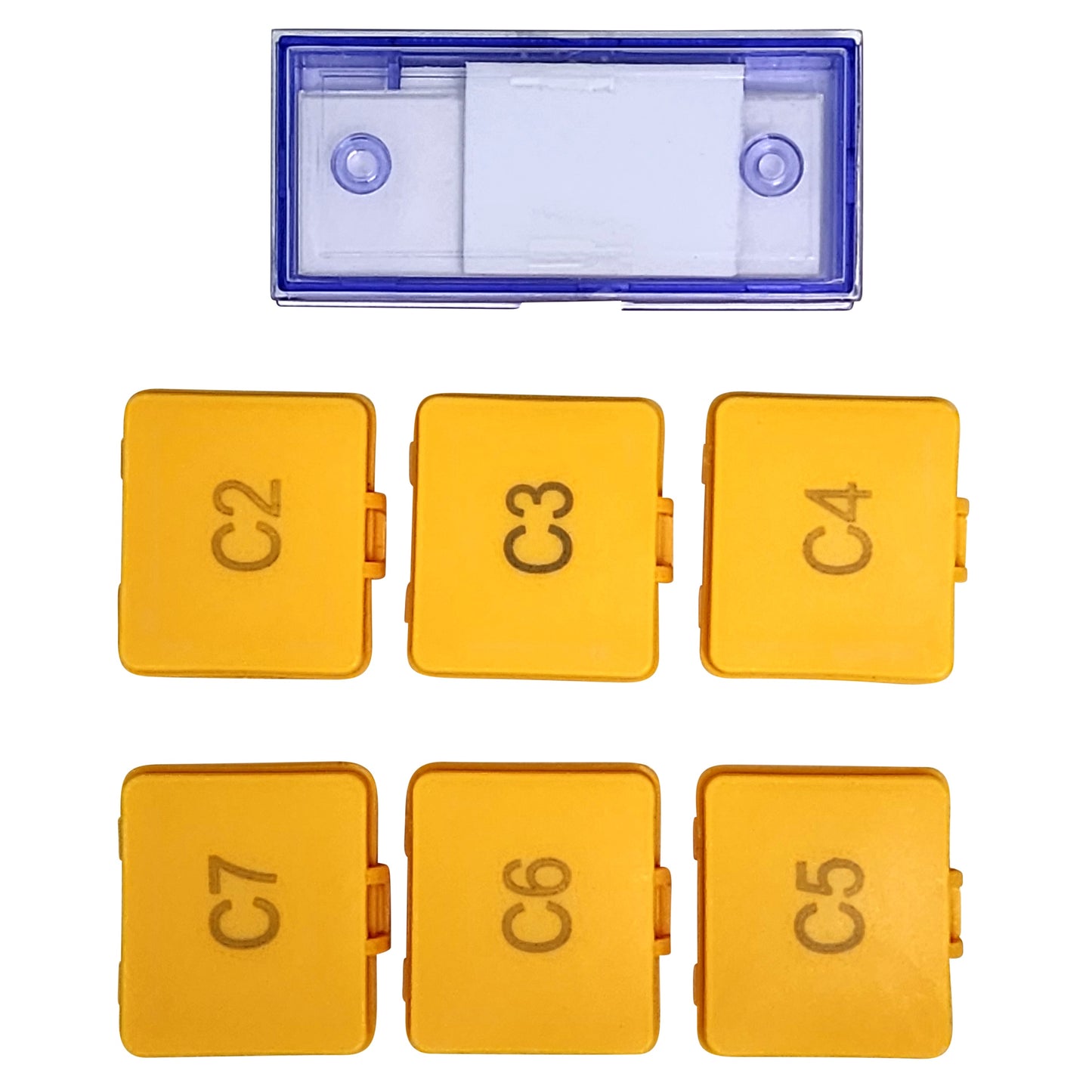 Complete Labnique 7-piece set storage solution featuring one large blue-rimmed slide case and six individual yellow protective cases for eyepiece reticles.