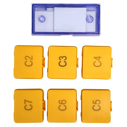 Complete Labnique 7-piece set storage solution featuring one large blue-rimmed slide case and six individual yellow protective cases for eyepiece reticles.